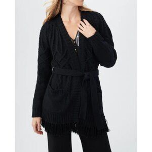 Trina Turk 'Bourdele' Fringe-Trim Merino Wool Cardigan Sweater, Black